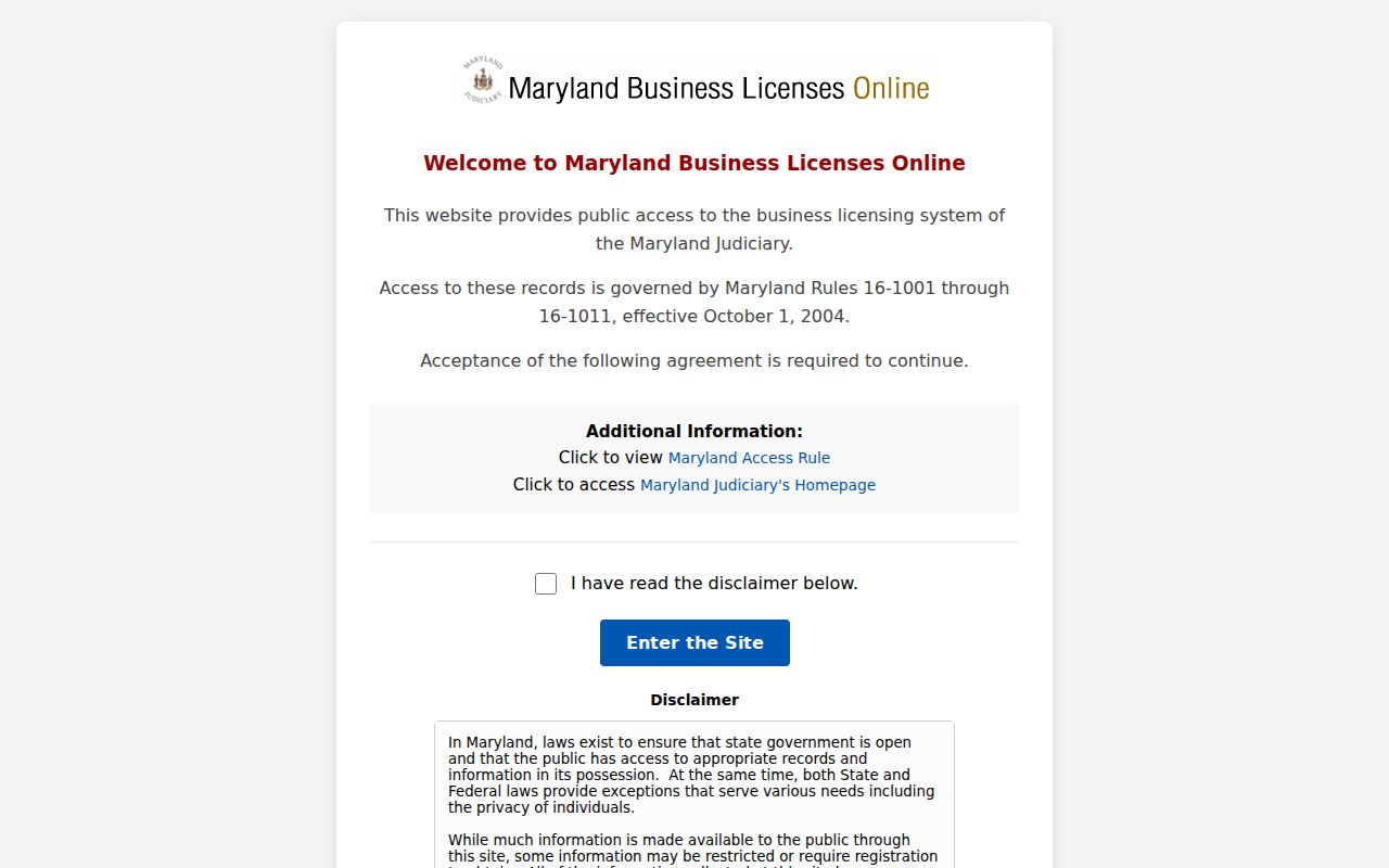 Bel Air South public records Judiciary business license access gateway