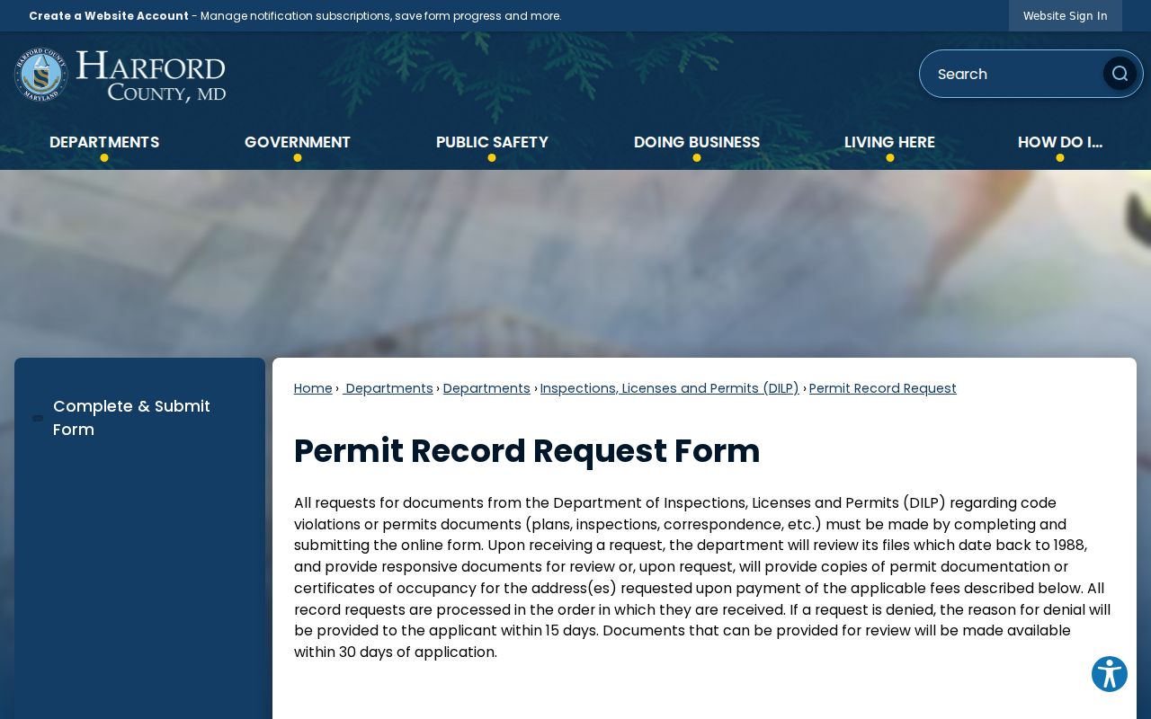 Bel Air South public records permit and code file request page