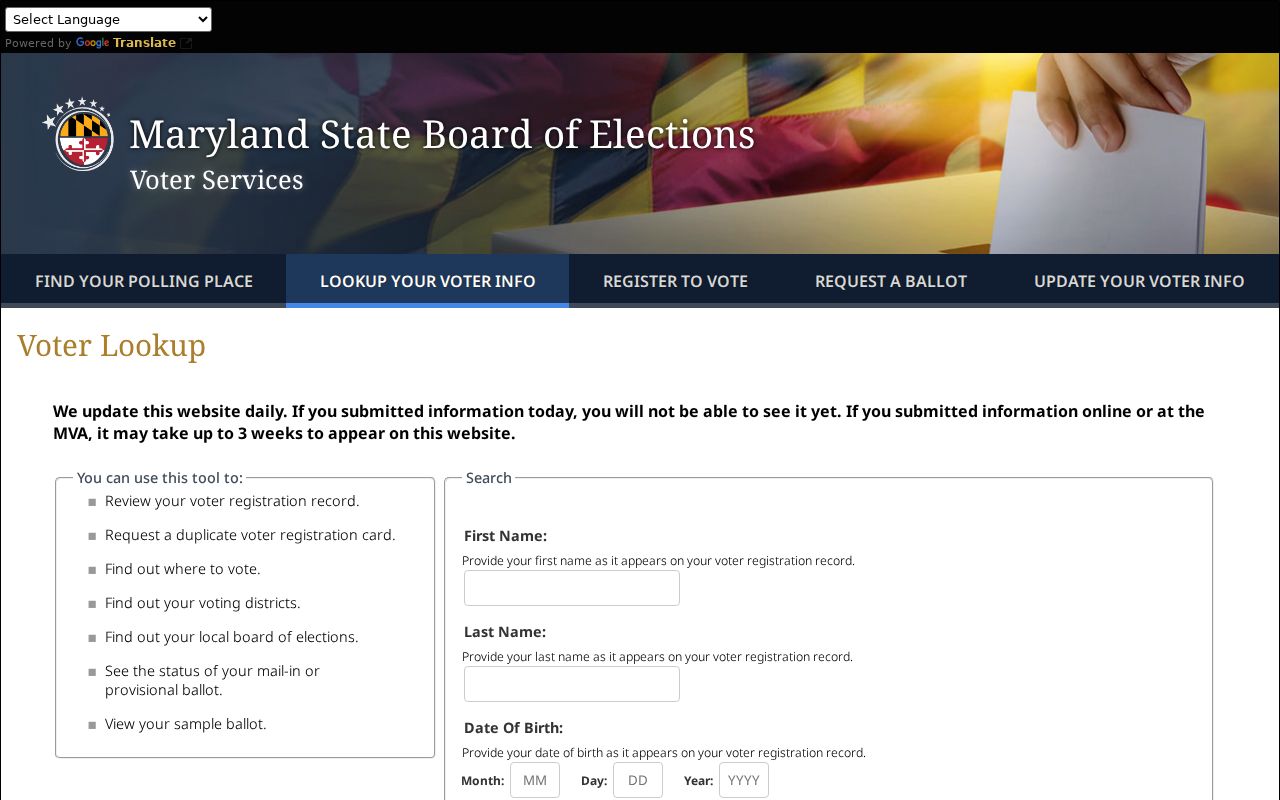 Bel Air South voter registration lookup fields on the Maryland service